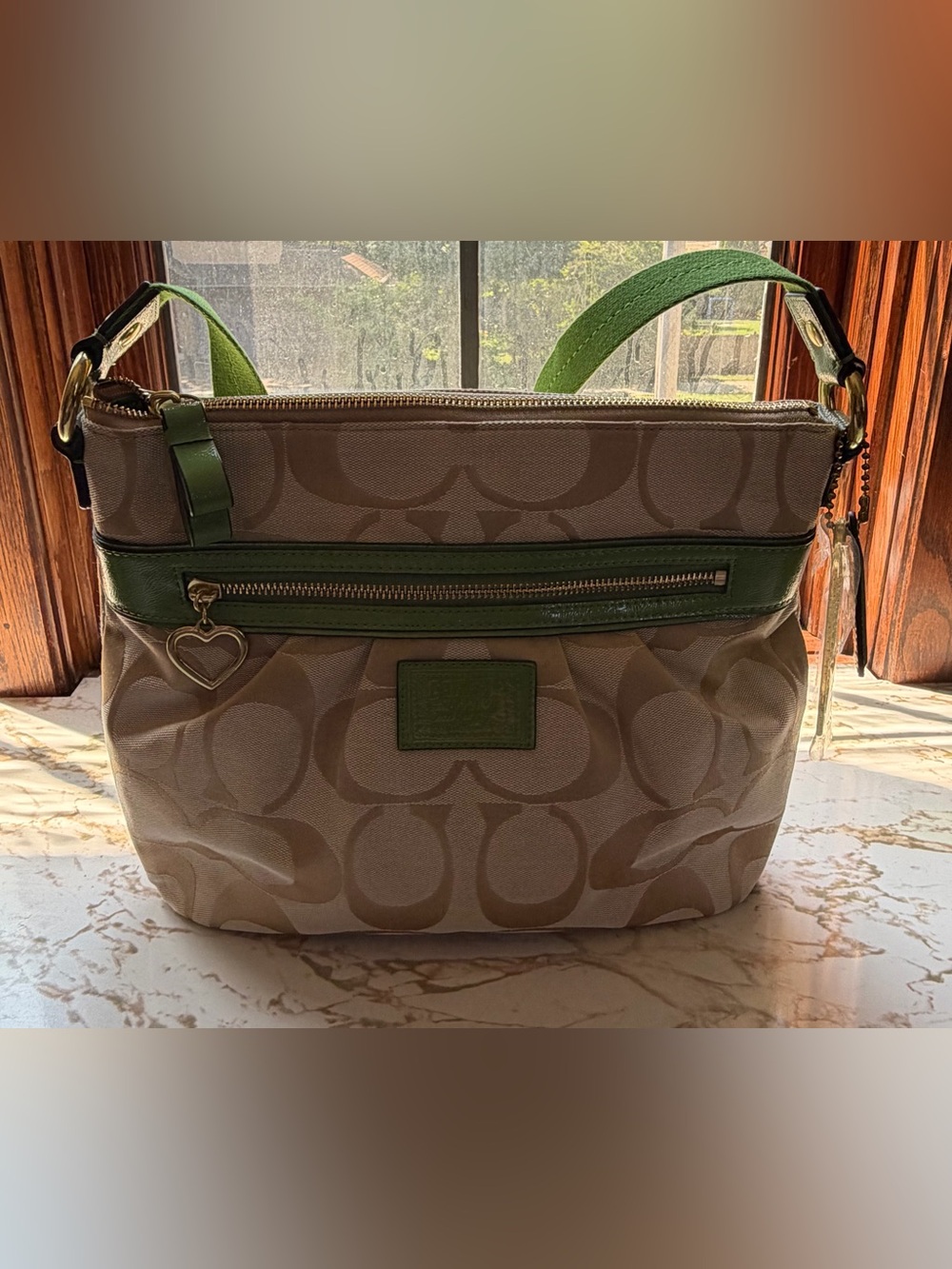 Y2K Coach Signature Jacquard & Green Leather Shoulder Bag w/ Heart Zipper